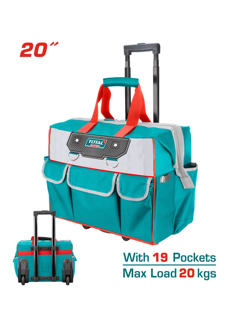 توتال طقم حقائب أدوات من توتال مكوّن من ٤ قطع، يشمل حقيبة أدوات بطول ١٦ بوصة، وحقيبة أدوات بعجلات بطول ٢٠ بوصة، وسترة أدوات، وحقيبة خصر للأدوات، مصنوع من قماش بوليستر أكسفورد عالي التحمل، باللونين الفيروزي والأحمر - Image 5